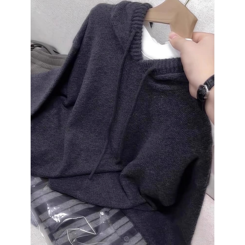 韩系慵懒风茶灰色连帽毛衣上衣