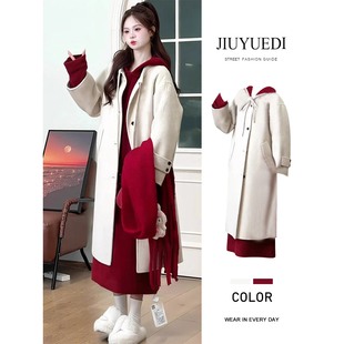 JIUYUEDI九月底温柔风连帽大衣搭配针织长裙女秋冬长款 百搭两件套