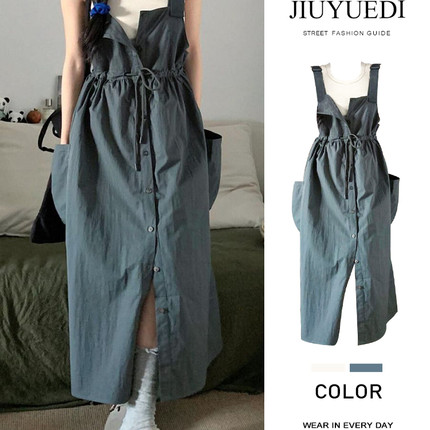 JIUYUEDI九月底韩系工装背带裙抽绳连衣裙两件套女夏季别致修身