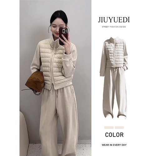 JIUYUEDI九月底韩系排骨立领棉服休闲裤女秋冬慵懒风休闲显瘦套装