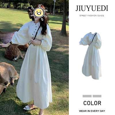 法式气质白色泡泡袖连衣裙