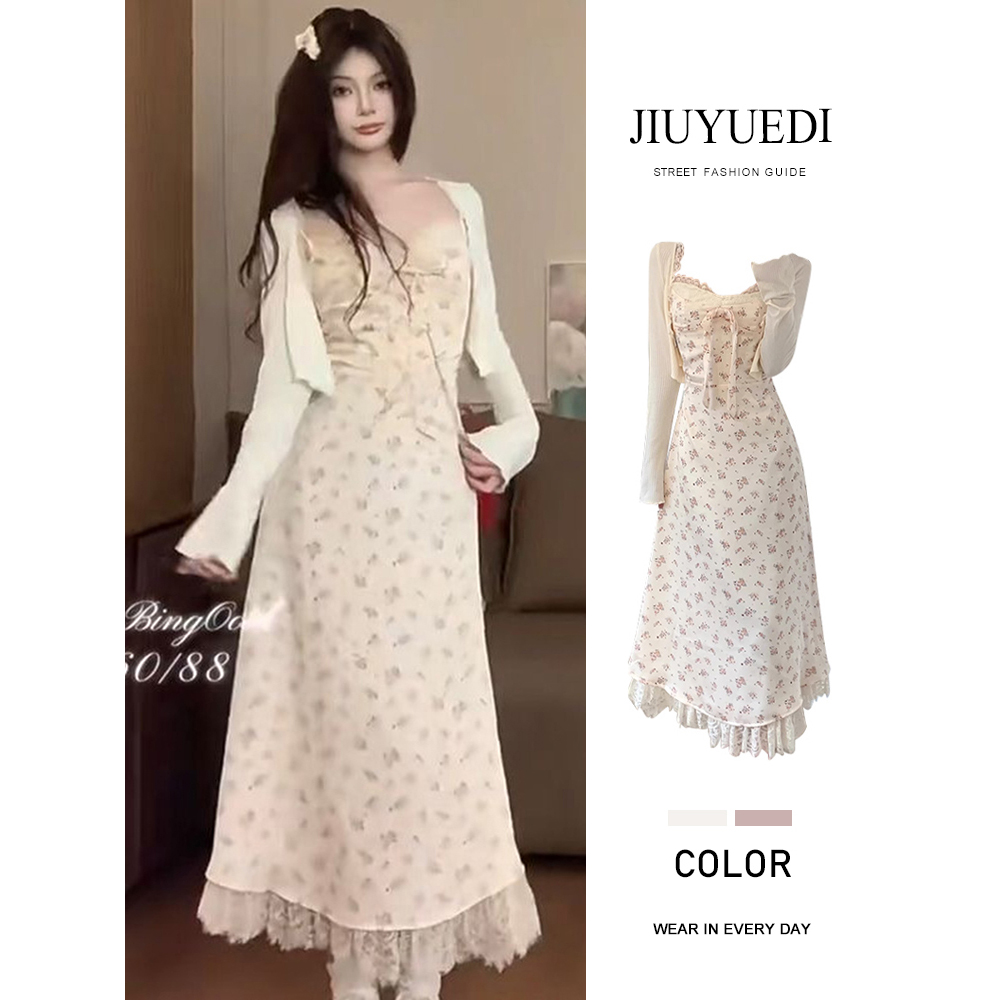 JIUYUEDI九月底法式纯欲风蕾丝方领碎花吊带连衣裙开衫甜美两件套