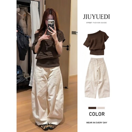 JIUYUEDI九月底夏季露肩针织短袖上衣小个子穿搭阔腿裤两件套女