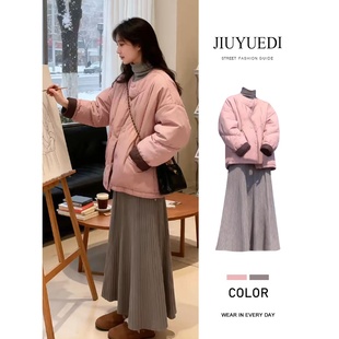 温柔减龄套装 JIUYUEDI九月底法式 棉服外套灰色高领上衣长裙女冬季