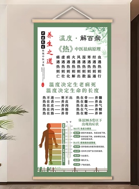 中医养生挂画 温度决定健康诊所装饰画 养生之道实木卷轴画
