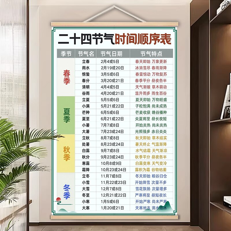 二十四节气时间顺序表挂画 24节气装饰画 节气对照表实木卷轴画