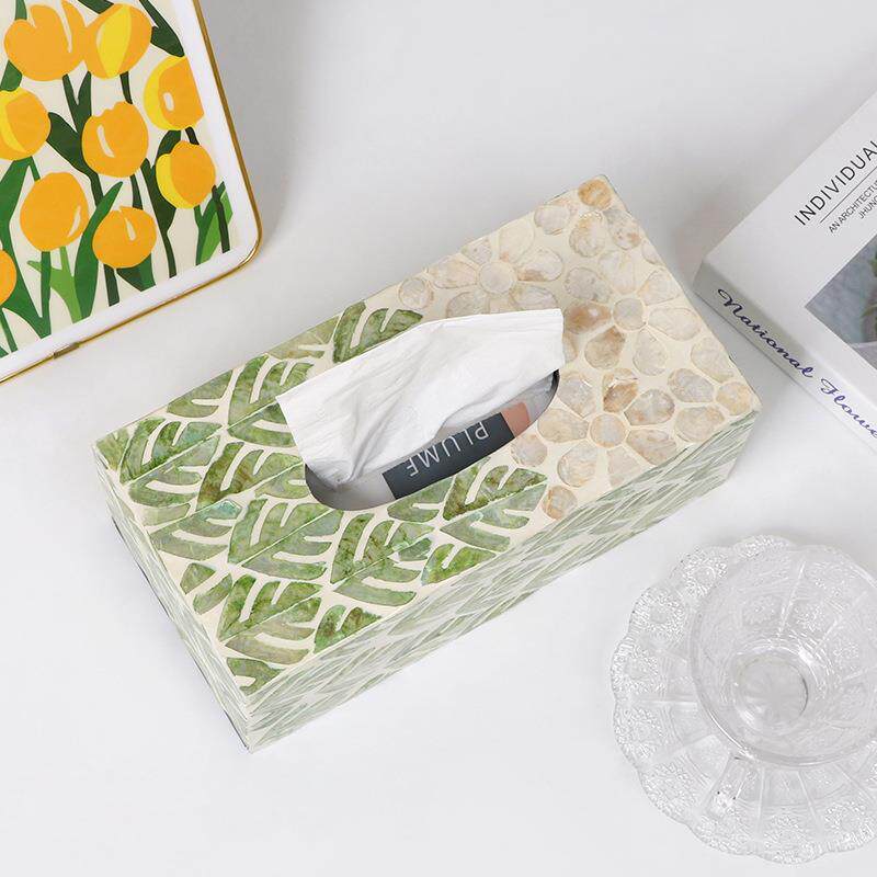 直销新款ins风轻奢天然彩贝壳装饰纸巾盒 客厅收纳创意抽纸盒家用