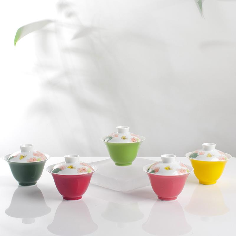 直销新款陶瓷茶杯茶碗手绘逸雅盖碗泡茶碗功夫茶具配件陶瓷创意碗