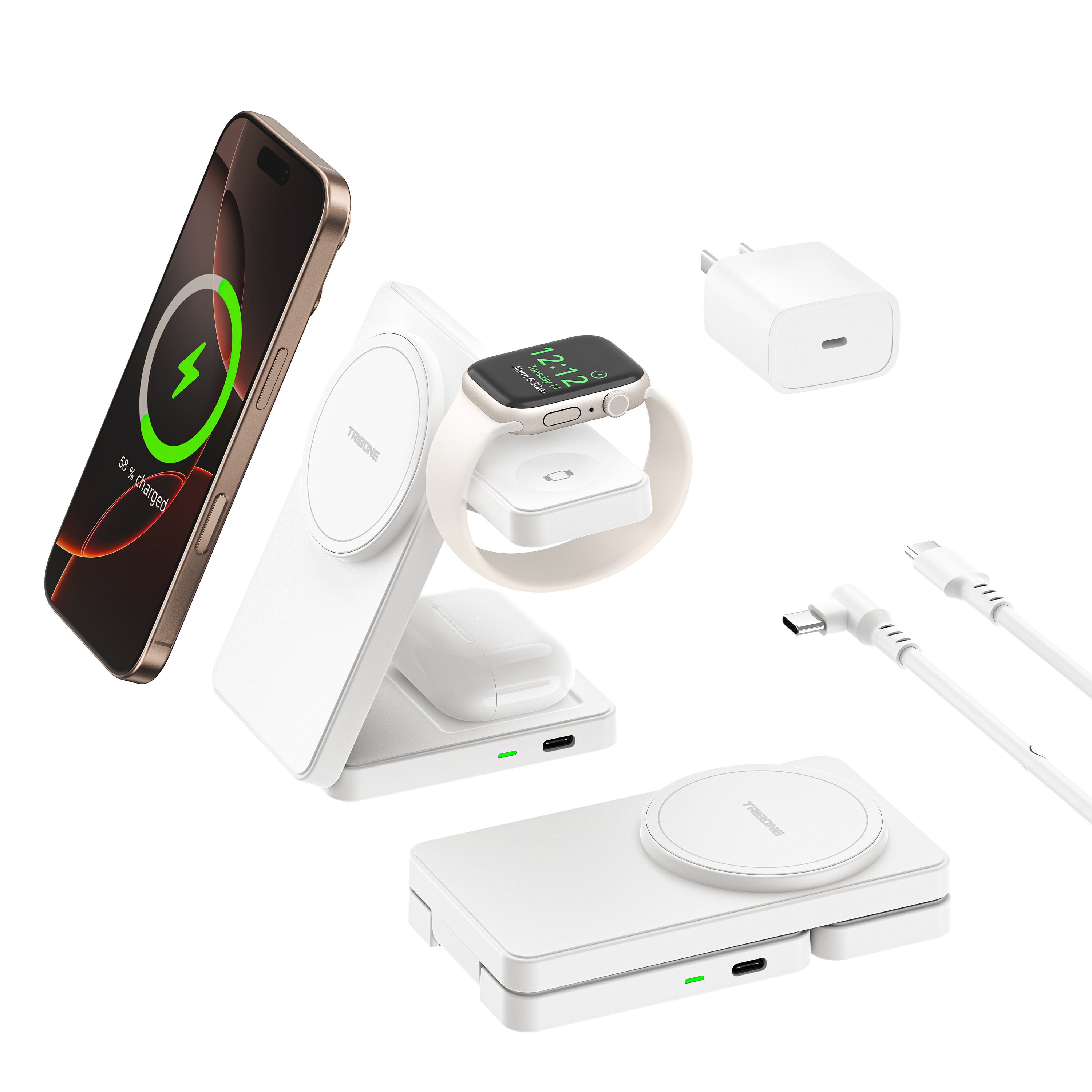 TRIBONE三合一折叠MagSafe磁吸无线充电支架适用于Apple/苹果16手机airpods耳机iwatchS9手表充电座3in1
