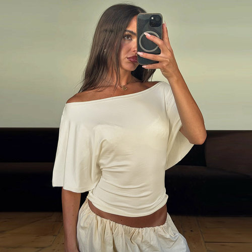 外贸夏季新款欧美女装时尚斜领纯色辣妹后背绑带收腰短袖上衣女