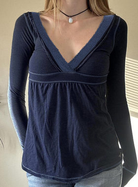 清纯温柔风V领花边设计高腰长袖T恤女宽松慵懒居家裙摆型上衣