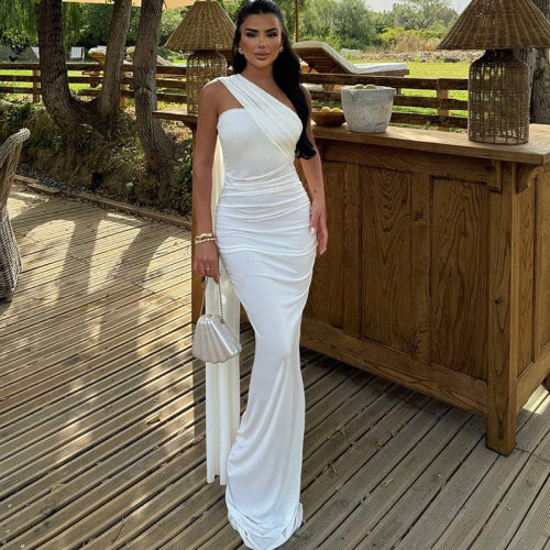 欧美风外贸女装纯色挂脖连衣裙性感露背飘带开叉气质长裙dress