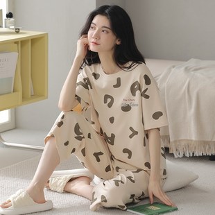 睡衣女士纯棉薄款 七分裤 夏季 短袖 春秋天可外穿家居服 宽松韩版 套装