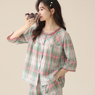 可外穿 睡衣单件上衣女士梭织纯棉薄款 七分袖 开衫 全棉布家居服夏季