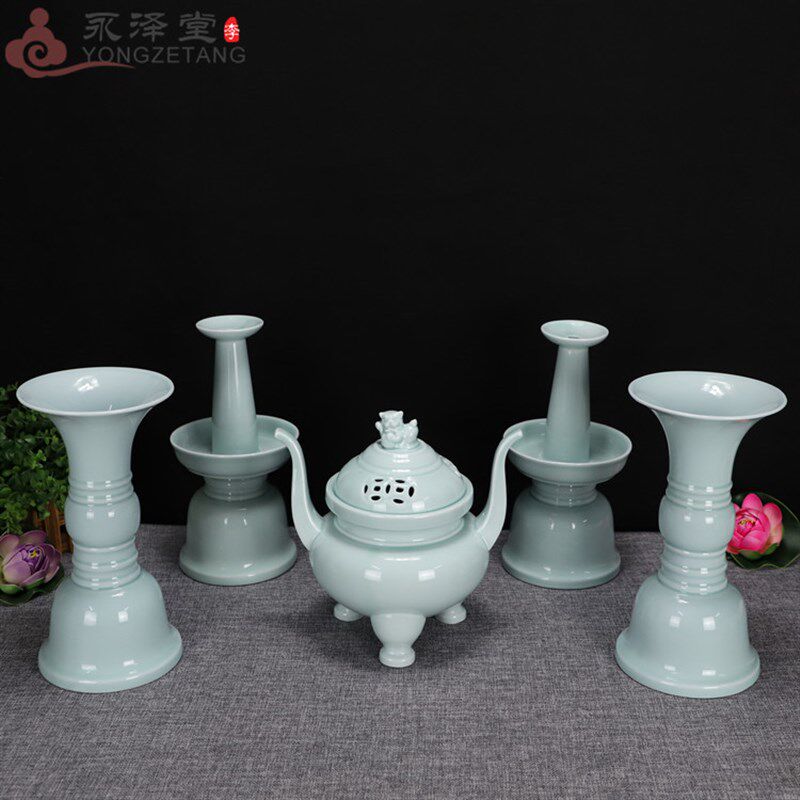热销五贡陶瓷供佛青花瓷花瓶烛台檀上香炉桌面圣水杯果盘摆件佛具