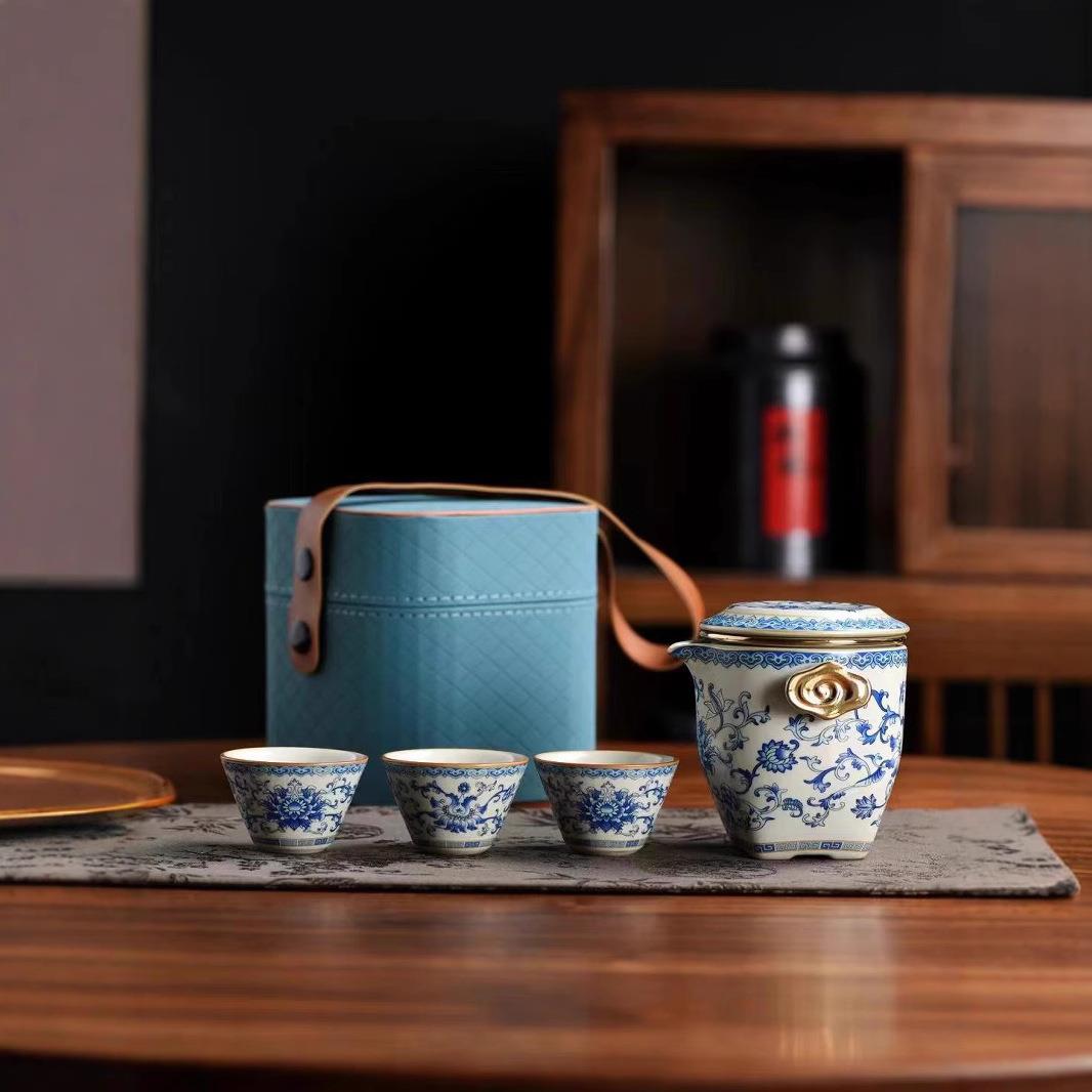 高档旅行茶具汝窑茶具套装饮茶壶茶杯功夫泡茶具便携式快客杯茶具