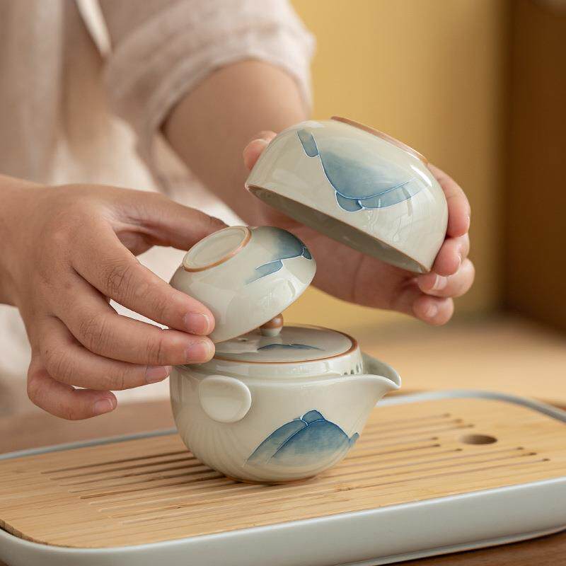 冰台手绘山岚快客杯一壶二杯功夫旅行茶具套装便携式收纳包旅游