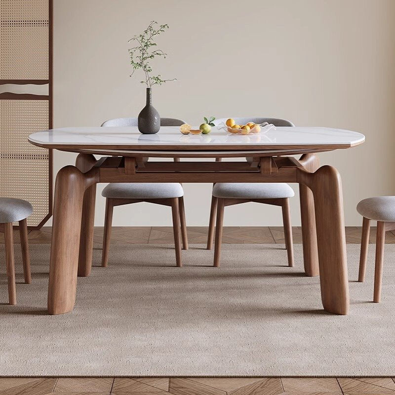 可方圆两用岩板餐桌椅伸缩折叠简约现代家用中古风实木饭桌小户型