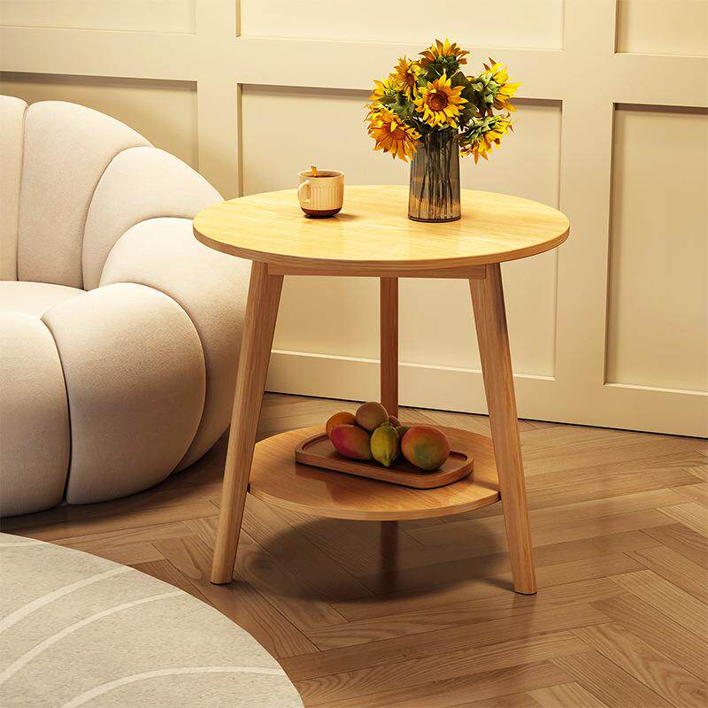 实木腿客厅茶几轻奢高级感家用小户型意式极简板式家具圆双层边几