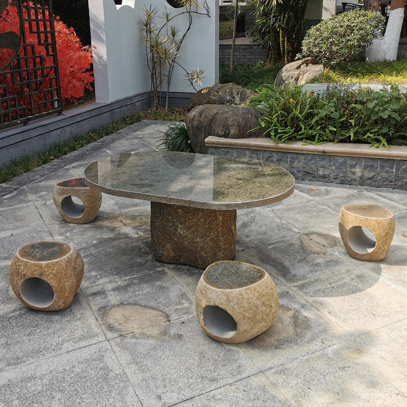石桌石凳庭院花园鹅卵石桌椅户外别墅石头墩子公园小区茶桌复古