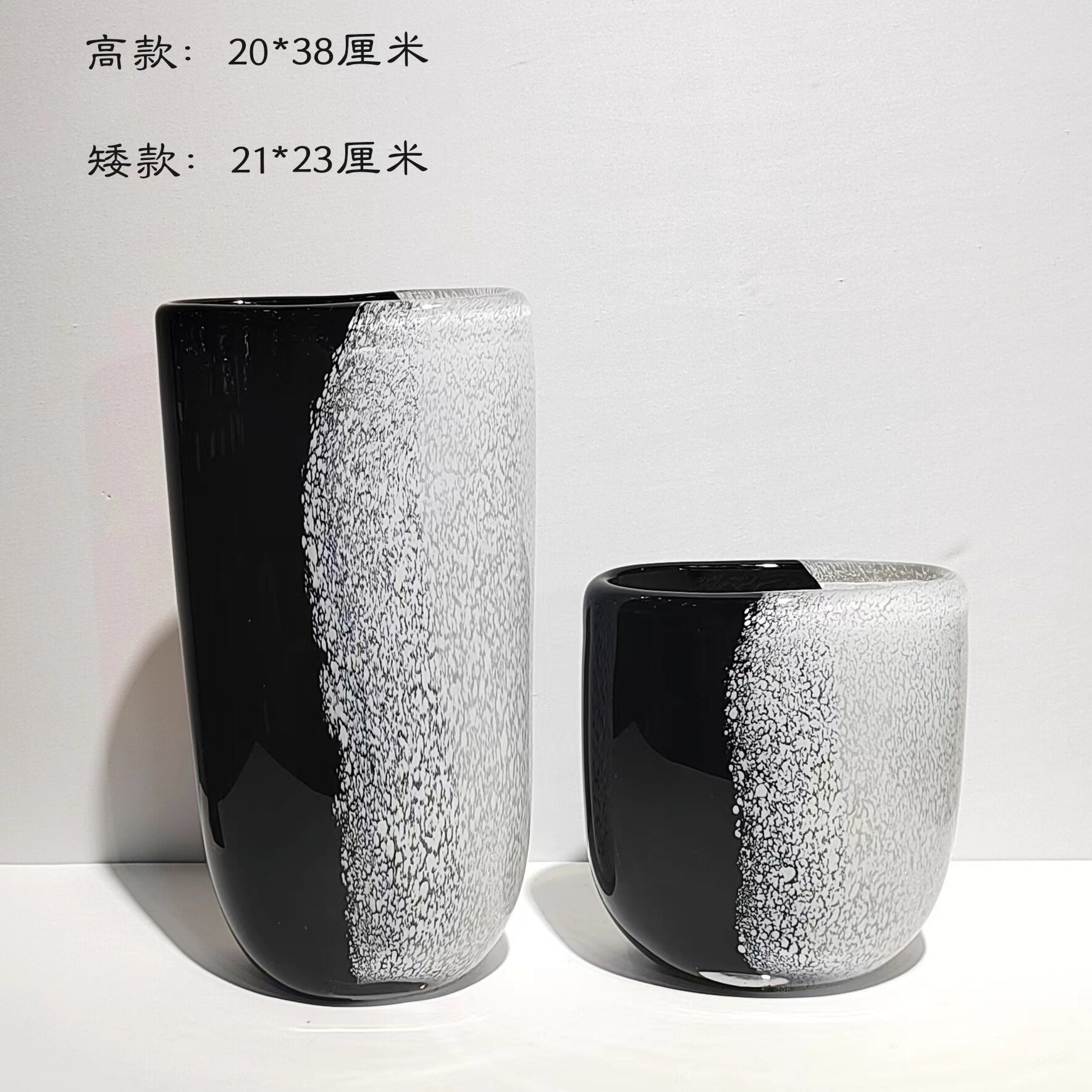 新中式水墨拼色扁口琉璃花器样板间酒店餐厅茶几桌面鲜花软装摆件