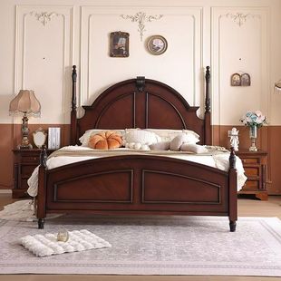 美式复古桃花心木实木床中古风高床头卧室1.8米双人婚床别墅床