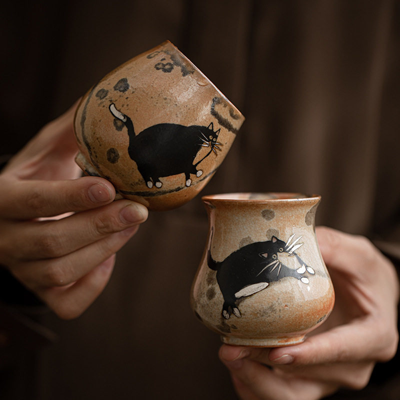 志野烧龙蛋杯复古手绘鎏银胖猫茶杯高端家用陶瓷主人杯大号喝茶杯