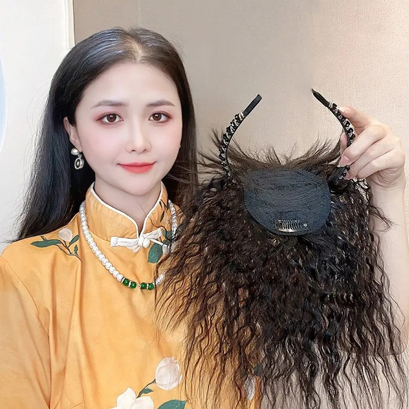 假发女水钻发箍刘海一体真发遮白发头顶卷发补发片增发量前额蓬松
