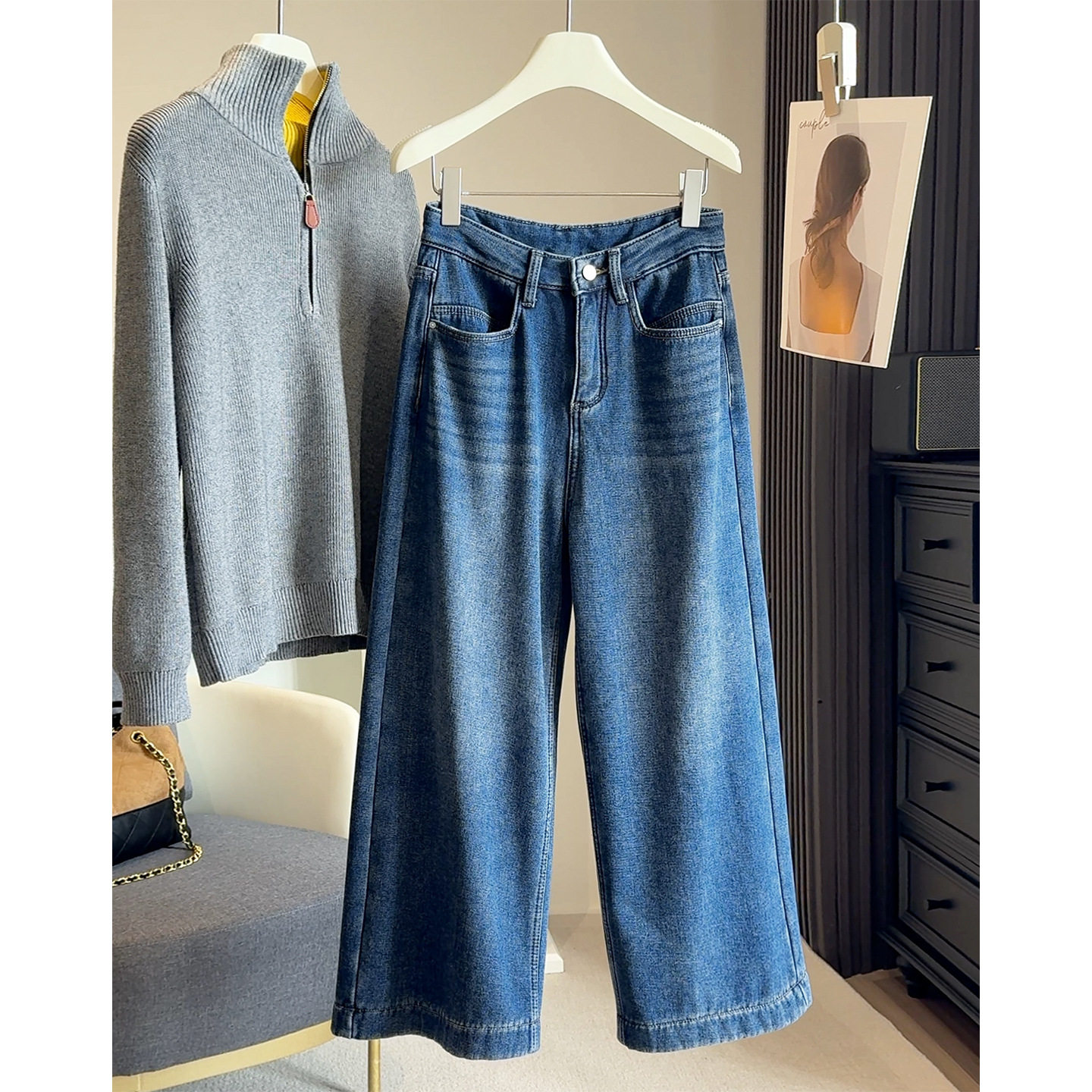 复古高腰加绒阔腿牛仔裤女冬加厚小个子宽松显瘦直筒九分休闲长裤