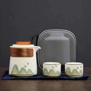 户外泡茶壶 千里江山陶瓷快客杯一壶二杯商务旅行茶具便携包套装