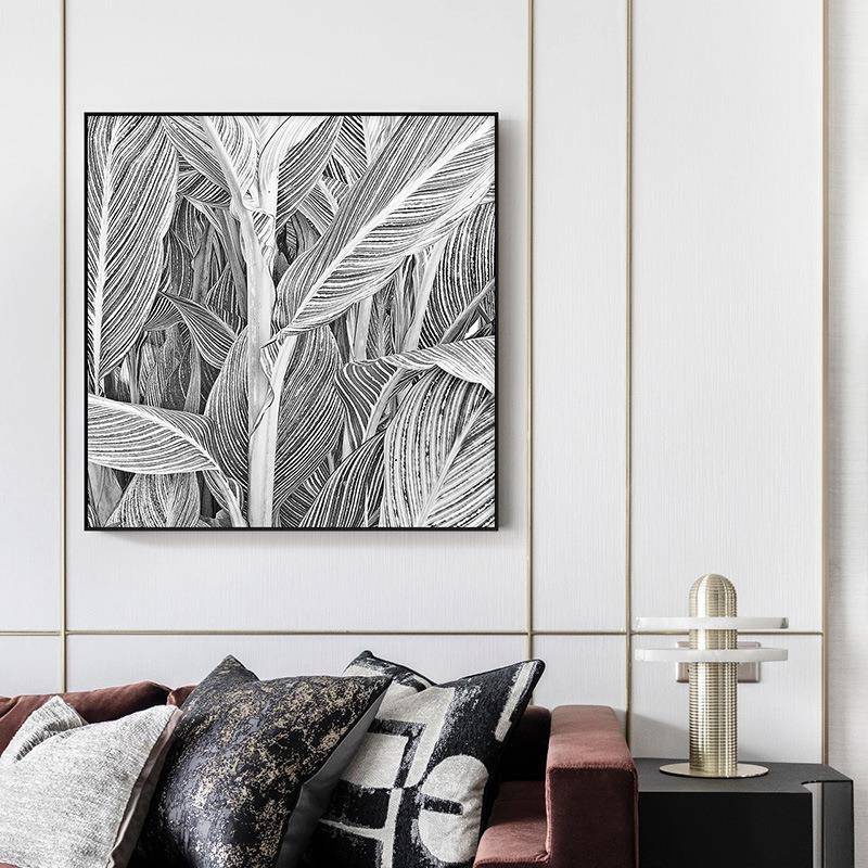 现简代约植物树叶装饰画抽象黑白线条客厅画挂术餐厅植物写实样板