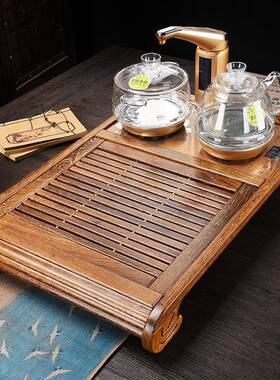 鸡翅木茶盘框架四合一电茶炉茶搭木实瓷LY-8803石配茶具台套装茶