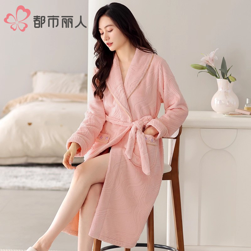 都市丽人女珊瑚绒加绒加厚睡袍