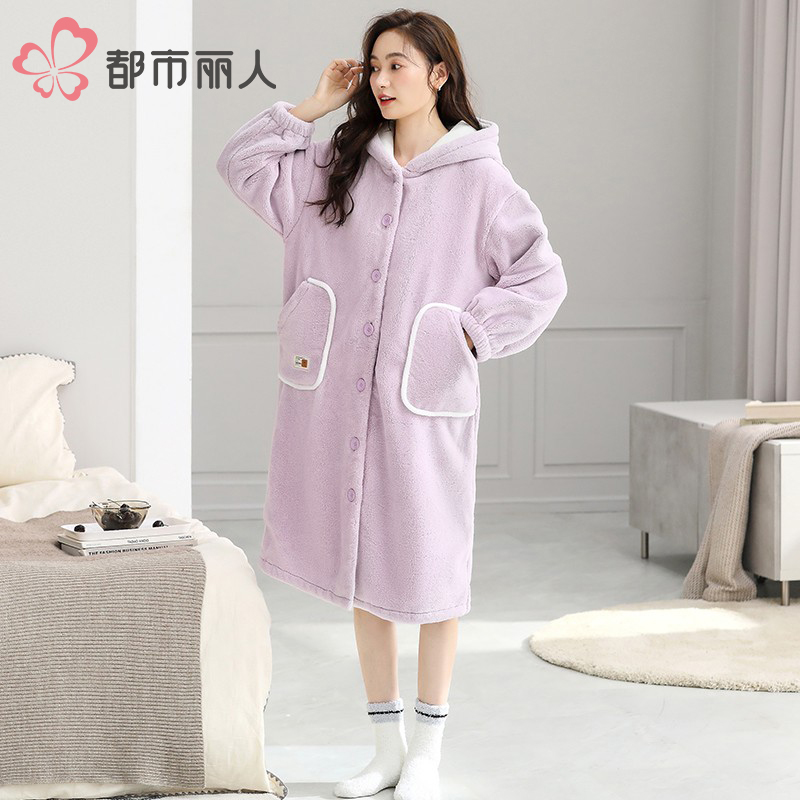都市丽人珊瑚绒加绒加厚睡袍