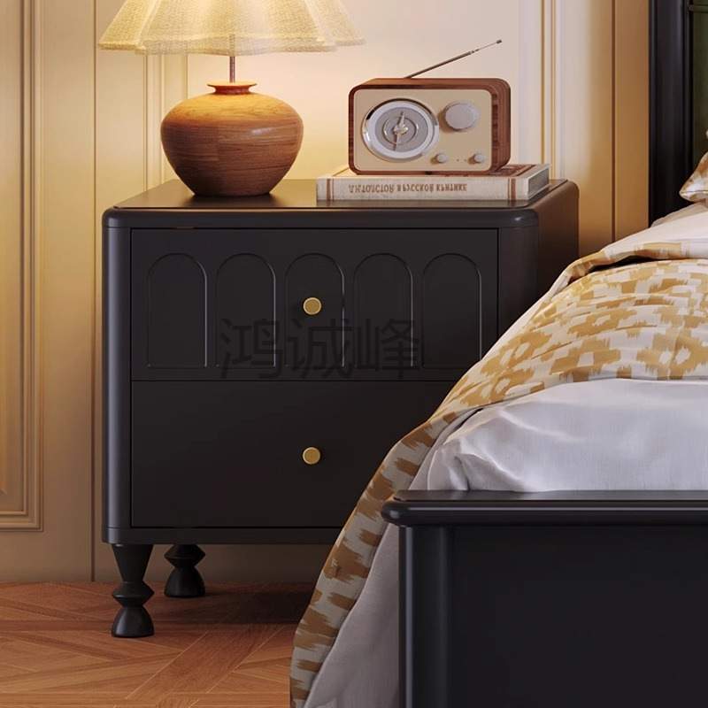 Hc法式复古风实木床头柜家用卧室美式黑色收纳储物柜轻奢风床边柜