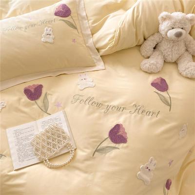 清小秋冬全棉磨毛四件套花朵小新毛兔巾刺WSJ绣加厚被套床品