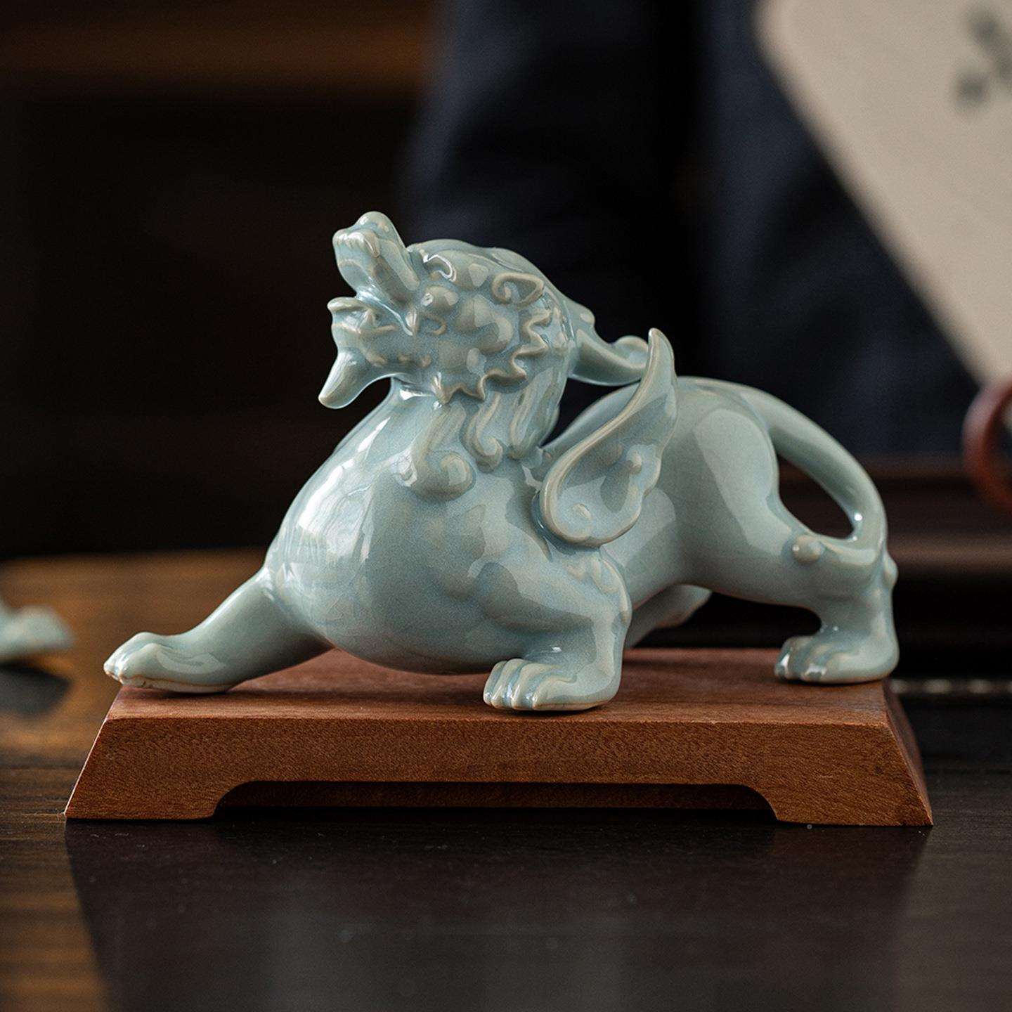 陶瓷汝窑貔貅一摆对茶摆宠URT件招财家居饰客厅茶室博古架中式装