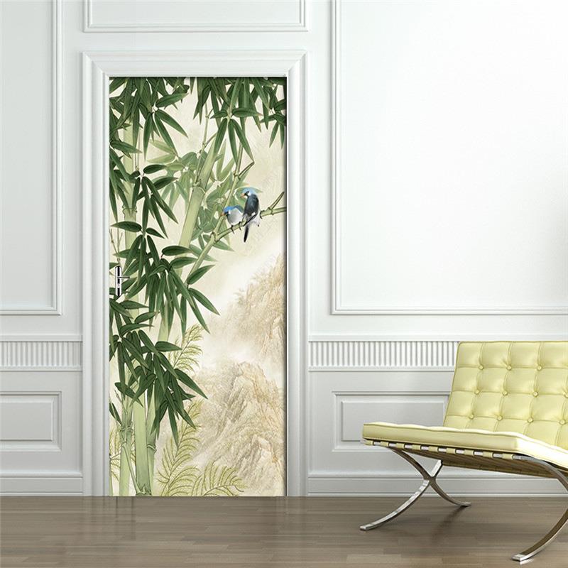 巨创跨境源PV贴纸3D自粘门货贴墙贴饰卧室CM535客厅现代装竹林鸟