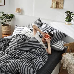 件裸针织竺棉床上三四套纯棉简约条纹全棉床 柜天上8睡00RUQ