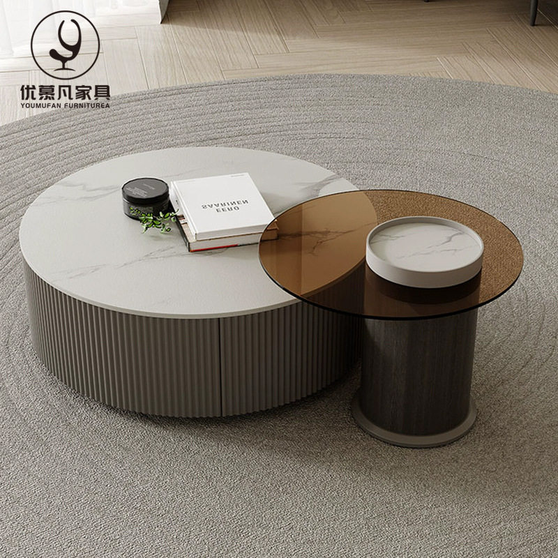 岩板茶几电视柜客厅现代轻奢简约圆形白色茶桌大小圆玻璃北欧