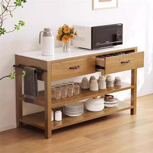 实木美式中岛台料理台厨房工作餐边柜家用大理石台面碗柜柜备餐台
