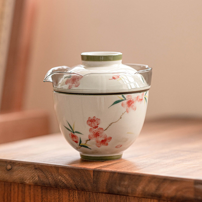 厂家手绘桃花陶瓷旅行茶具套装便携式户外泡茶装备快客杯一壶二杯