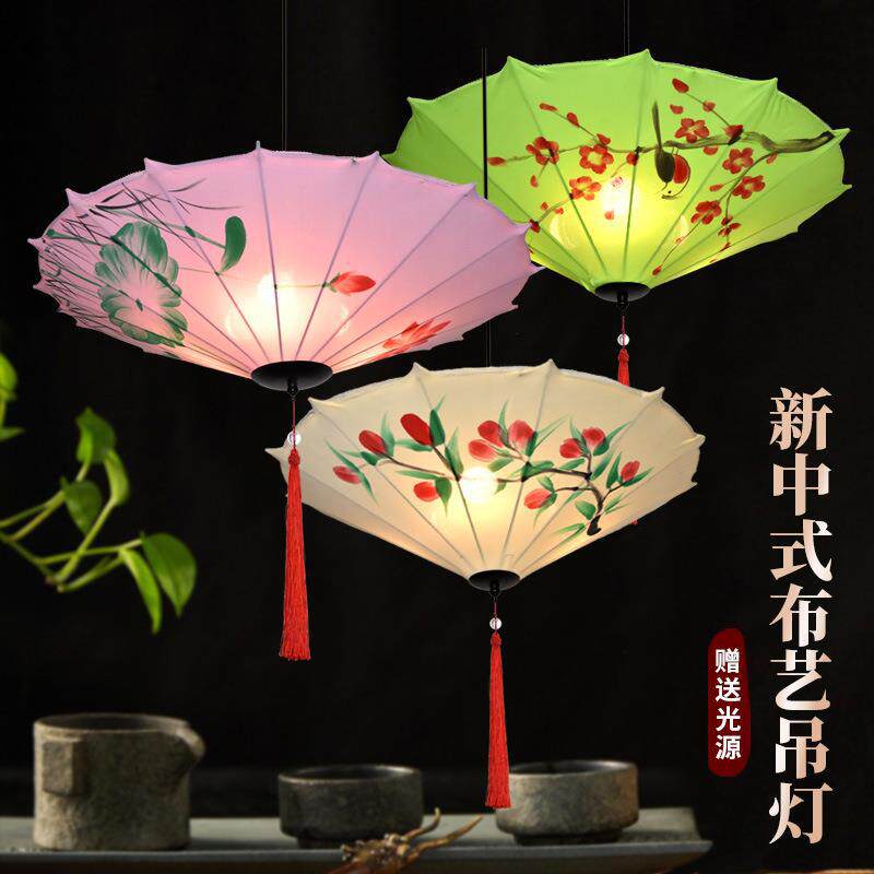 新中式雨伞吊灯弹力布布艺手绘中国风伞灯仿古火锅店茶室餐厅灯笼