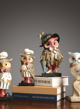 美式猫头鹰小摆件创意家居客厅装饰个性酒柜N样板间店铺摆设工艺