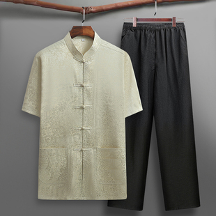 桑蚕丝唐装男中老年真丝绸缎短袖爷爷套装中N国风爸爸夏装薄款衣