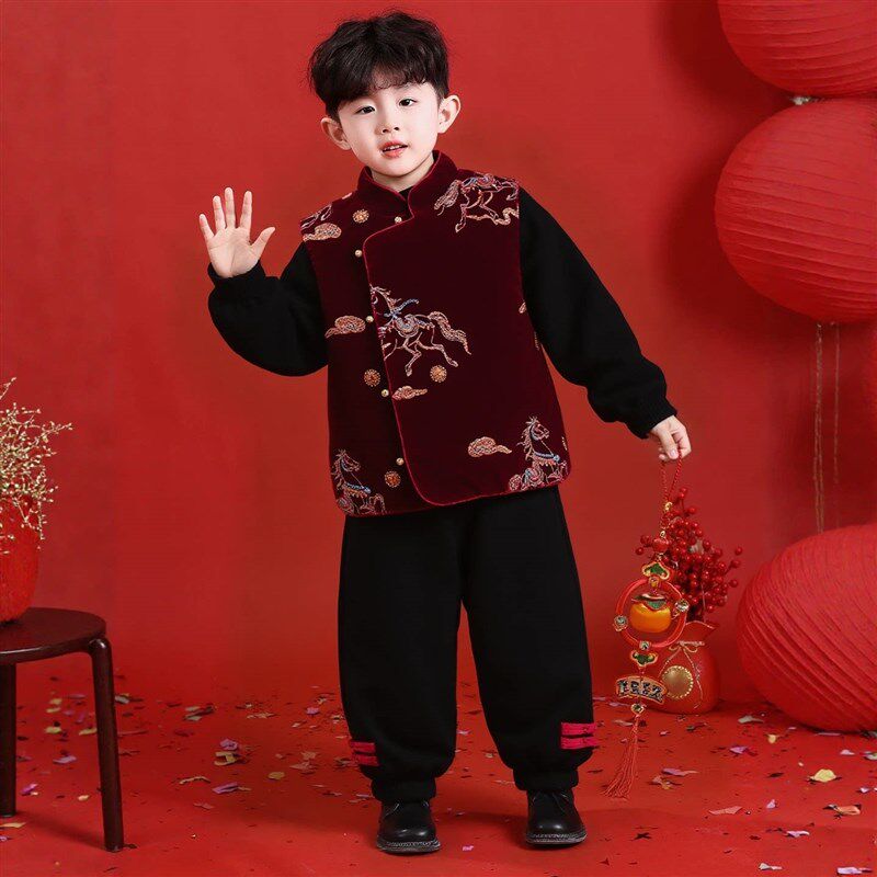 男童拜年服冬季夹棉马甲背心马z年新款国风上衣新中式女童旗袍唐