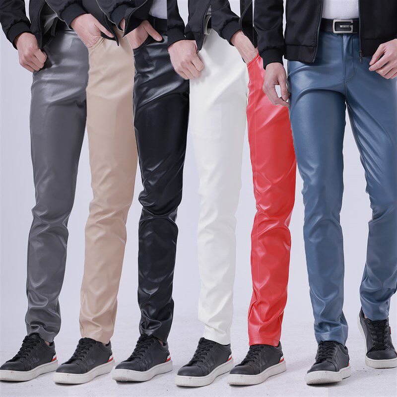 夏季薄款青年皮裤男士弹力修身时尚彩色白色酒吧网红皮Y裤男士青