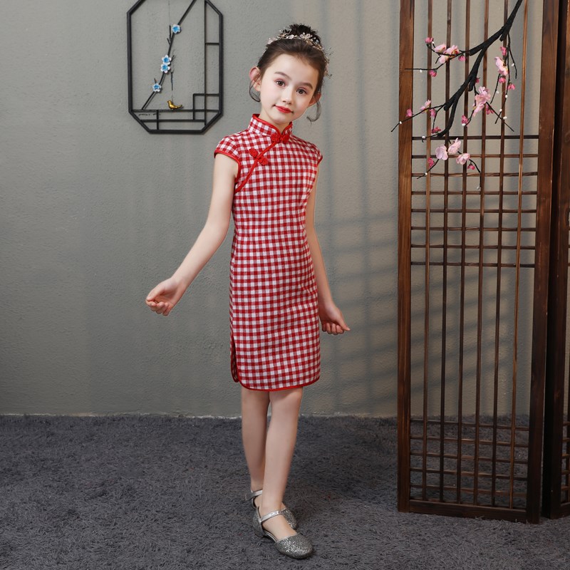 女童旗袍夏季中大儿童中国风唐y装宝宝格子旗袍裙文艺复古连衣童