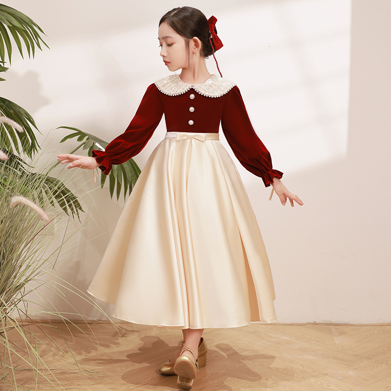 女童礼服红色公主l裙花童婚礼小女孩儿童主持人钢琴演奏比赛演出