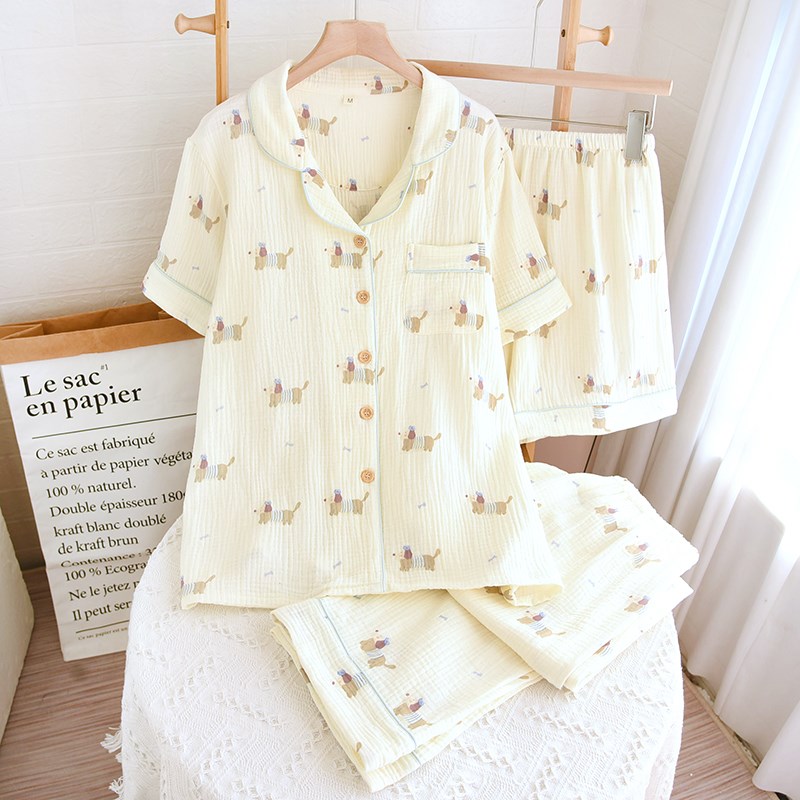 三件套短袖睡衣女士纱布夏季薄款短裤M长裤田园风家居服套装